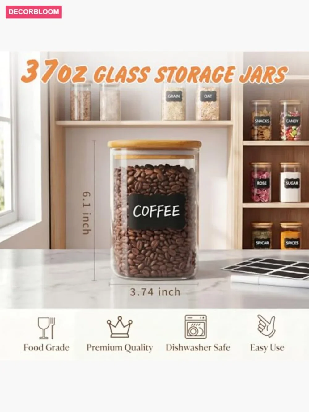 37 Oz Glass Storage Jars with Bamboo Lids – 6 Pack Airtight Square Canisters